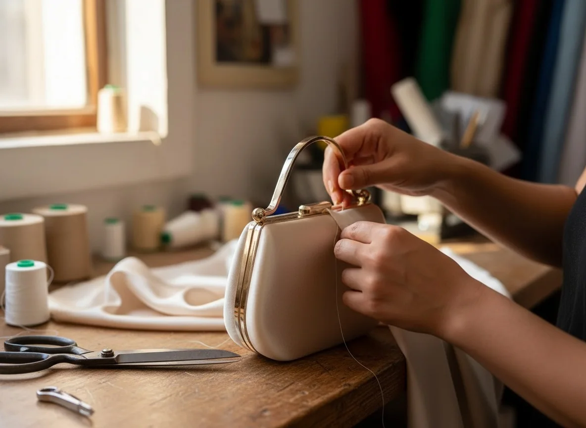 Hands finishing a champagne satin clutch at the atelier workbench