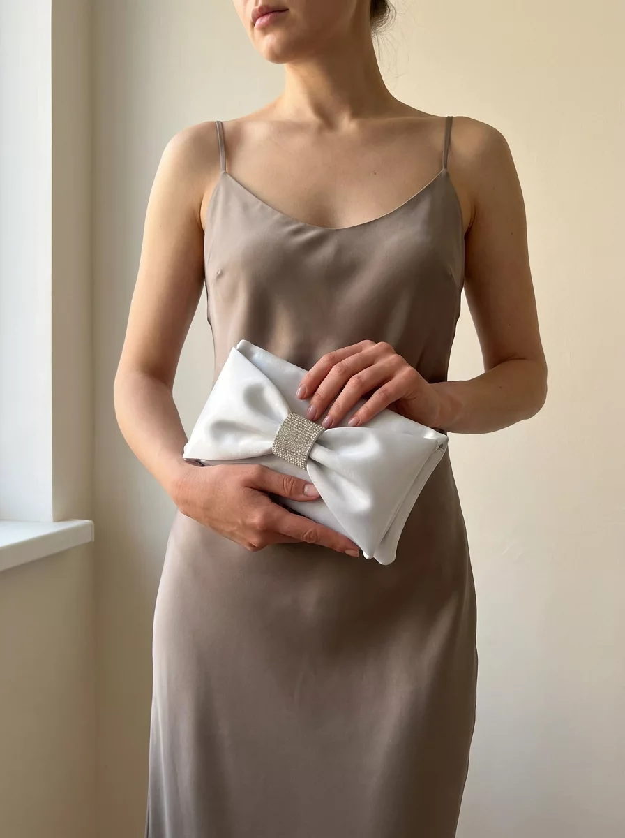 Silver satin bow wedding clutch